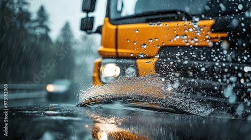 A Truck Driving Through a Rainstorm with Water Splashing on the Hood