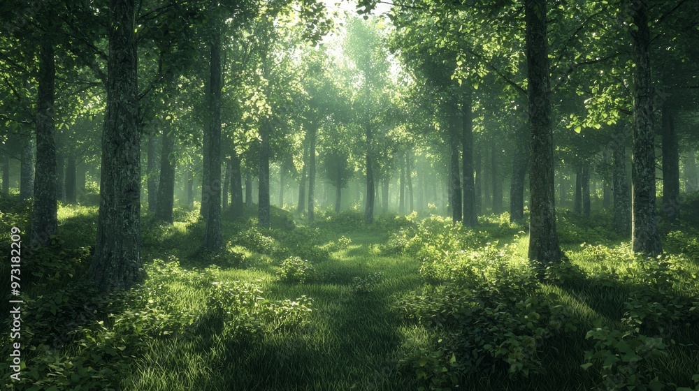 A forest scene where the trees and foliage are designed in a 3D style, providing a sense of depth and realism as if one could step into the image A forest scene where the trees and foliage are designed in a 3D style, providing a sense of depth and realism as if one could step into the image