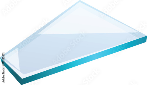 Thick pane of glass with a blue tinge is casting light refraction on a white background
