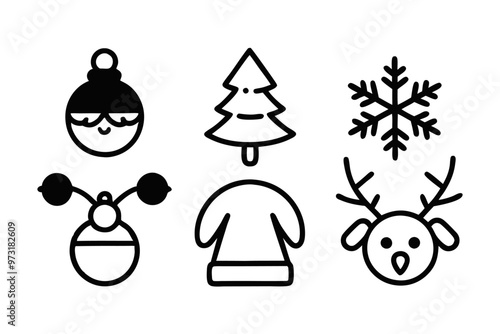 6 set different christmas line art icon,silhouette vector on white background.