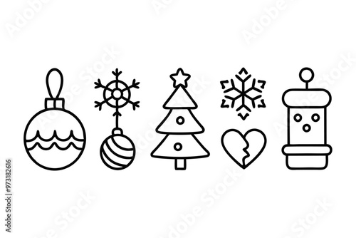 6 set different christmas line art icon,silhouette vector on white background.