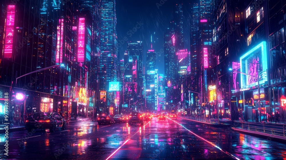 Fototapeta premium A futuristic neon cityscape at night, where all the buildings and streets are lit up in bright, glowing colors, giving a sense of energy and excitement