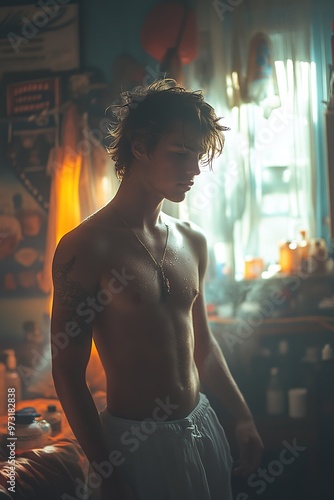 fashionable young man holding a apliying himself deohodorant in spray in his room