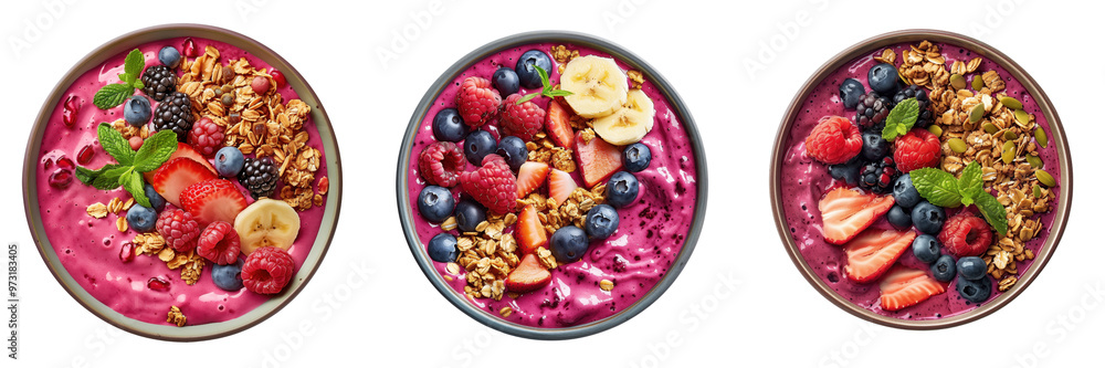 set of vibrant berry smoothie bowl topped with fresh fruit and granola isolated on a transparent background set of vibrant berry smoothie bowl topped with fresh fruit and granola isolated on a transparent background