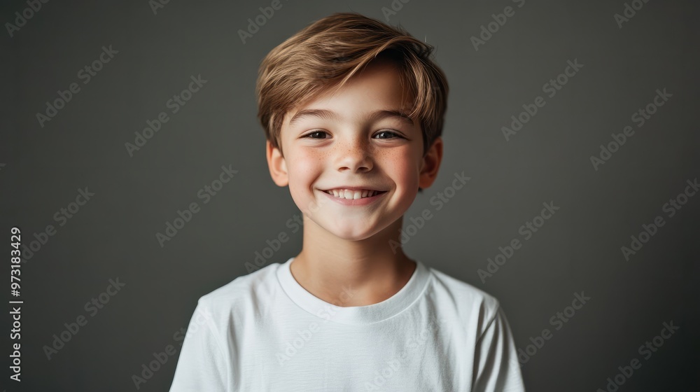 Smiling little boy in white t-shirt looking at camera isolated on grey. Studio portrait of a happy smiling ordinary teenage boy wearing a white t-shirt. Smiling little boy in white t-shirt looking at camera isolated on grey. Studio portrait of a happy smiling ordinary teenage boy wearing a white t-shirt.