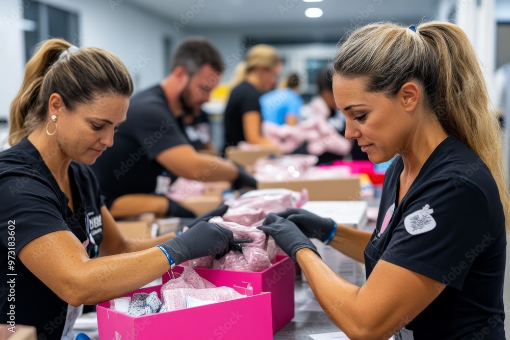 A group of people assembling care packages, filled with comforting items for breast cancer patients in hospitals A group of people assembling care packages, filled with comforting items for breast cancer patients in hospitals