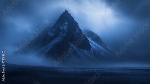 A tall, imposing mountain peak stands against a dramatic, blue, cloudy sky, shrouded in mist.