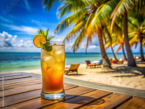 a glass of refreshing fruit cocktail at a bar on a sunny beach photo