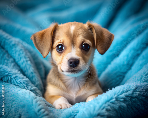 A small, adorable brown and white puppy with large, expressive eyes is nestled comfortably in a soft, fluffy blue blanket, giving an innocent and curious gaze.