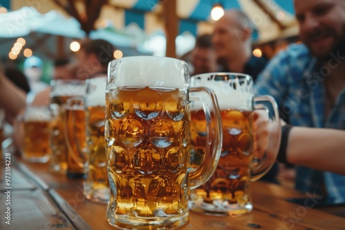 A group of people are sitting at a table with several mugs of beer, generative ai image