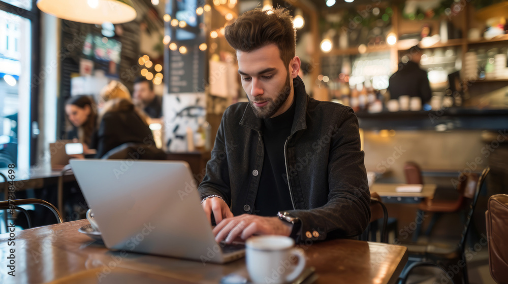 A man is sitting at a table in a cafe, typing on a laptop A man is sitting at a table in a cafe, typing on a laptop
