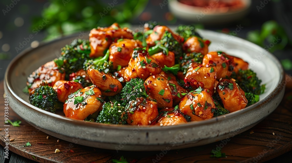 chicken pieces and vibrant green broccoli in a glossy, savory sauce chicken pieces and vibrant green broccoli in a glossy, savory sauce