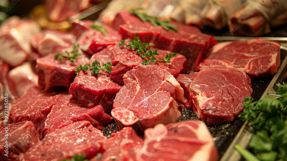 A vibrant selection of highquality fresh meat cuts garnished with herbs, perfect for any chefs culinary use A vibrant selection of highquality fresh meat cuts garnished with herbs, perfect for any chefs culinary use