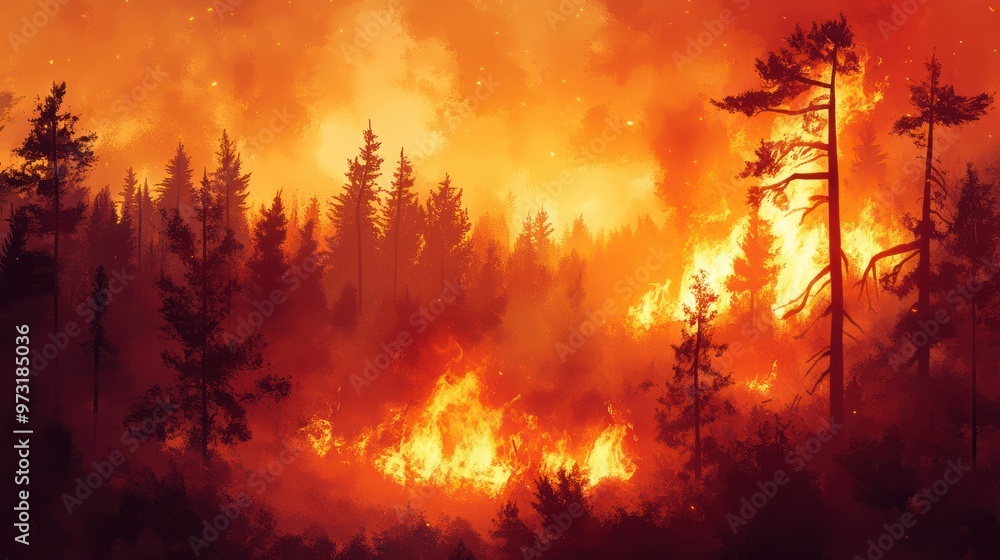 Wildfire in forest. Illustration of a forest fire. Banner, brochure, poster template. Natural disaster. Wildfire in forest. Illustration of a forest fire. Banner, brochure, poster template. Natural disaster.