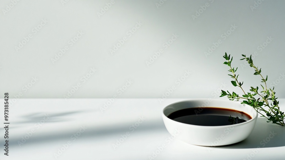 A geometric white bowl with a thin pool of balsamic vinegar inside, set against a stark, black-and-white background A geometric white bowl with a thin pool of balsamic vinegar inside, set against a stark, black-and-white background
