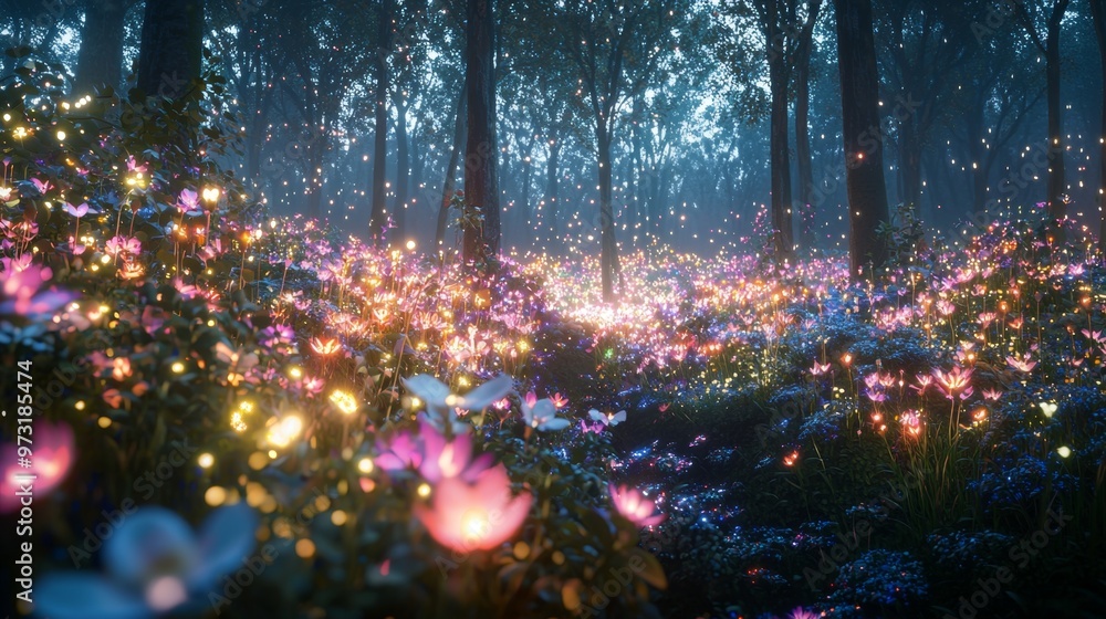 A magical forest at night, with trees and flowers that have a 3D glow effect, emitting soft, colorful lights that create a mystical ambiance A magical forest at night, with trees and flowers that have a 3D glow effect, emitting soft, colorful lights that create a mystical ambiance