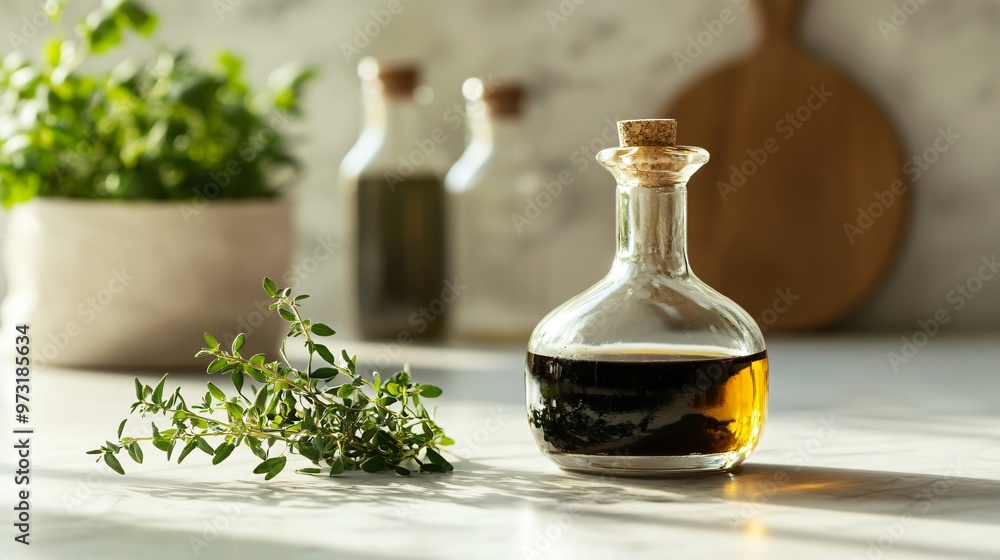A minimalist kitchen counter featuring a small dish of balsamic vinegar and a sprig of fresh herbs, with no other distractions in the shot A minimalist kitchen counter featuring a small dish of balsamic vinegar and a sprig of fresh herbs, with no other distractions in the shot