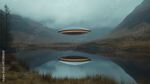 Metallic UFO Reflecting Over Misty Scottish Highlands Lake