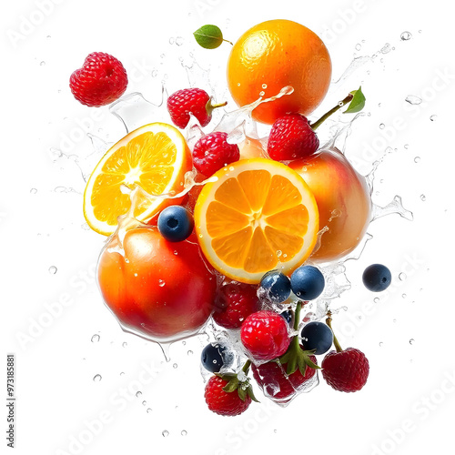 Vibrant Fresh Fruit Splash with Water Droplets on White Background