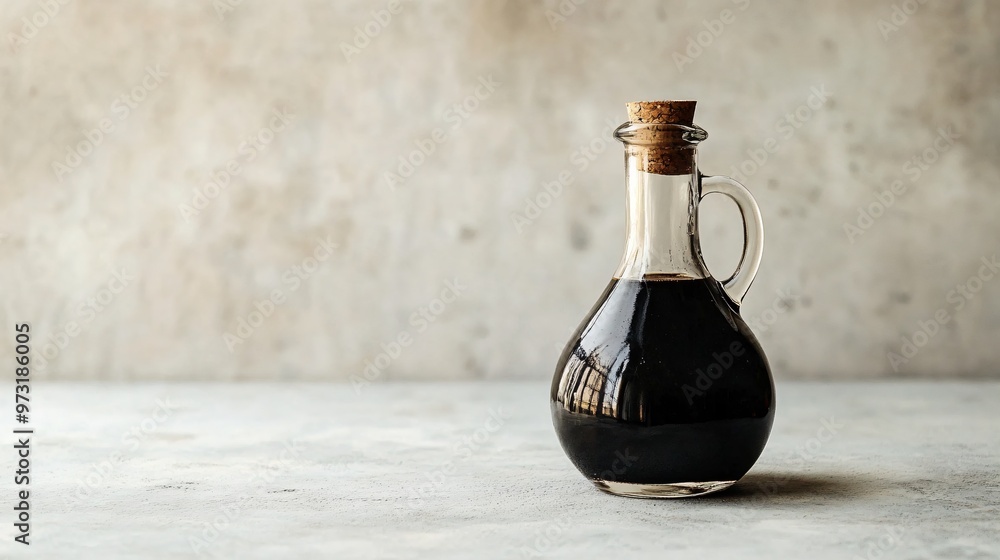 A simple glass bottle of balsamic vinegar on a bare concrete table, with a faintly colored soft light background A simple glass bottle of balsamic vinegar on a bare concrete table, with a faintly colored soft light background