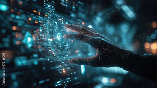 Futuristic Hand Interacting with Digital Interface. AI generated illustration