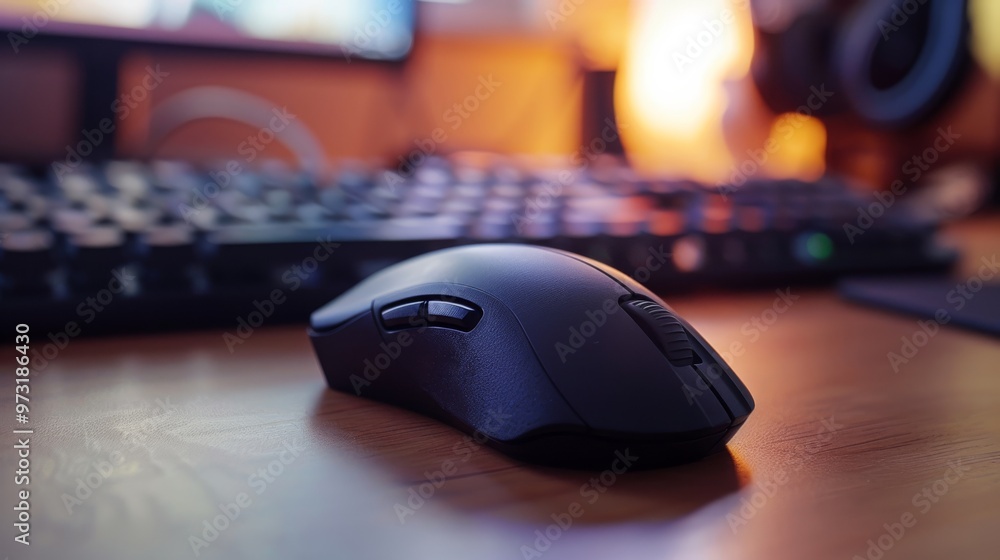 Close-up of a computer mouse and a part of the keyboard on a desk, with a soft-focus background Close-up of a computer mouse and a part of the keyboard on a desk, with a soft-focus background