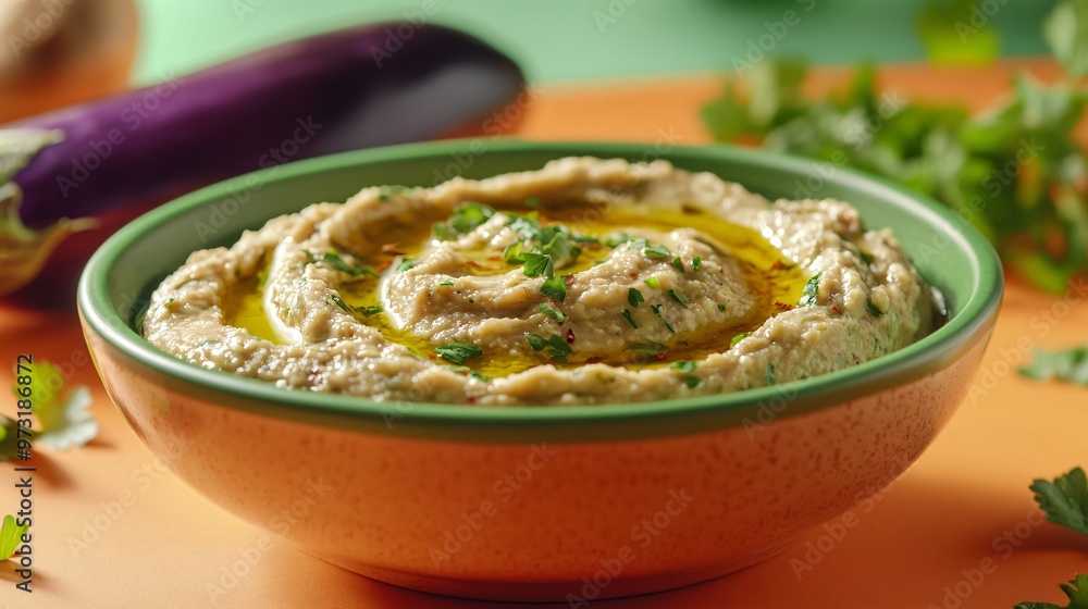 Baba ganoush made from eggplant, drizzled with olive oil, and placed in a bowl on a neon orange background with green accents Baba ganoush made from eggplant, drizzled with olive oil, and placed in a bowl on a neon orange background with green accents