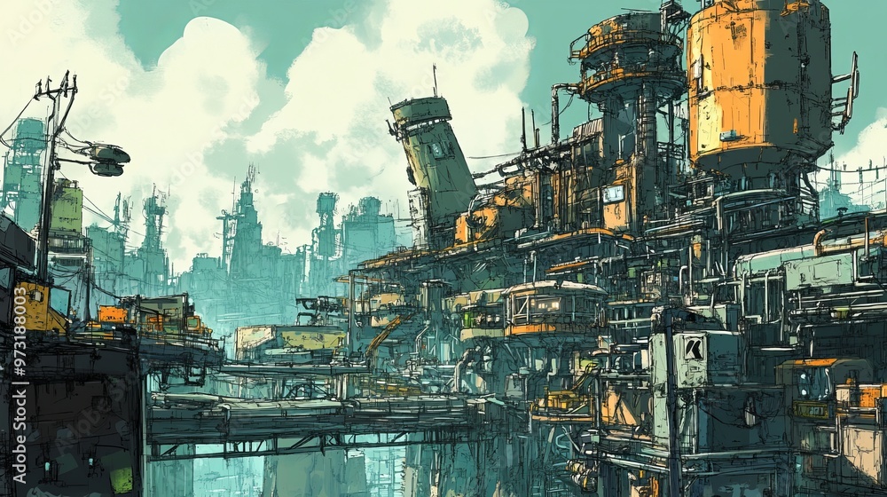 A simple sketch of a factory area in an industrial city. A simple sketch of a factory area in an industrial city.