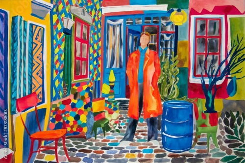 Colorful street scene. A person strolls through a vibrant street with colorful buildings and a blue barrel. The scene is full of life and energy. photo