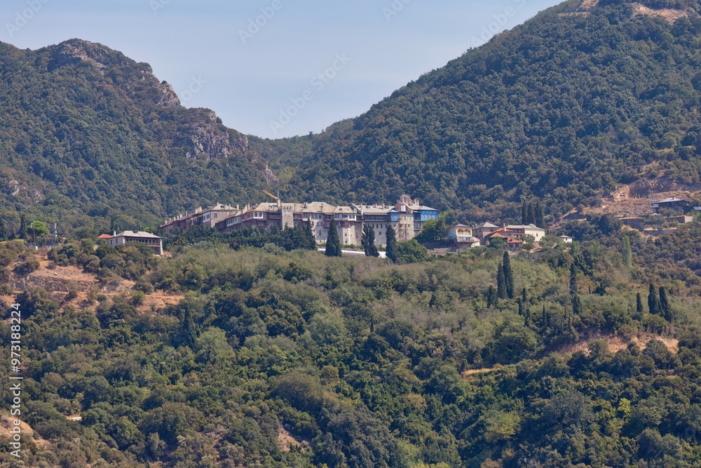 Fototapeta premium view of the mountains with monastry on the Athos peninsula - Chalkidiki - Greece