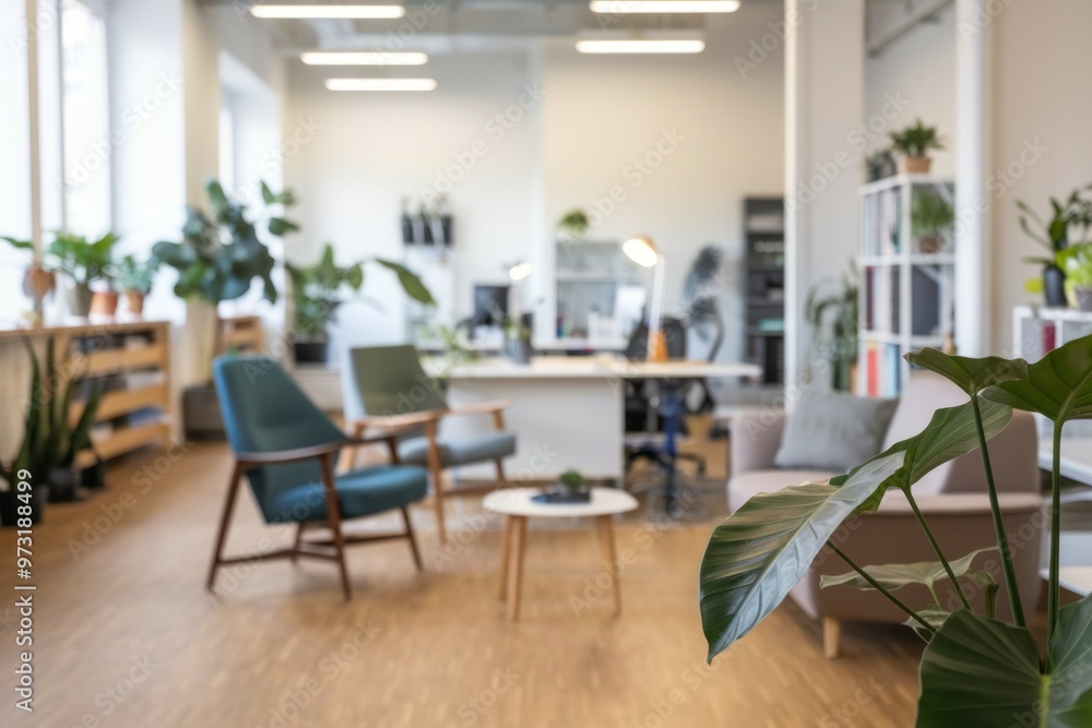 Modern office interior design. Open plan office with modern furniture, plants, and natural light. A tranquil space for creativity and collaboration. Modern office interior design. Open plan office with modern furniture, plants, and natural light. A tranquil space for creativity and collaboration.