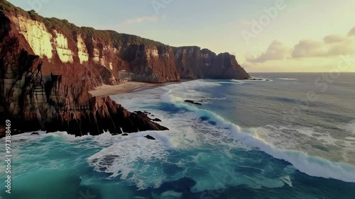 drone view of waves crashing against the rugged cliffs along the Beach