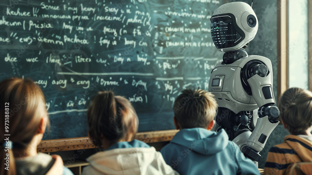 Futuristic robot instructor teaching young students in modern classroom ...
