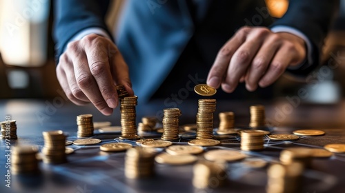 Man Placing Golden Coins on Revenue Board. AI generated illustration