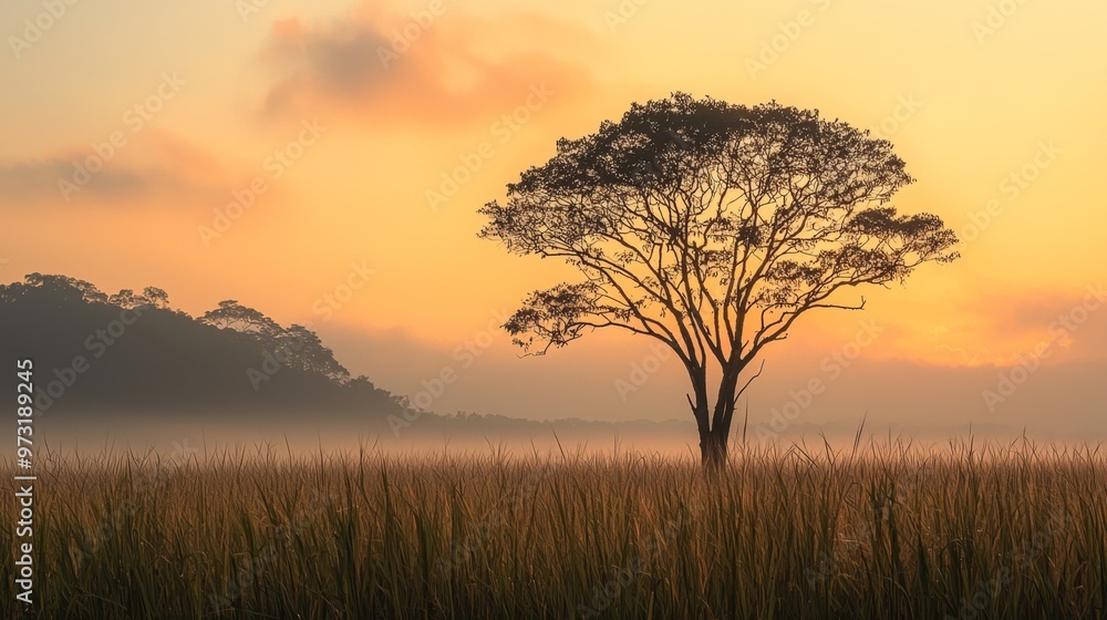 Fototapeta premium A nature scene at sunset where the sky is filled with shades of Peach Fuzz, blending with other warm tones to create a serene and calming atmosphere