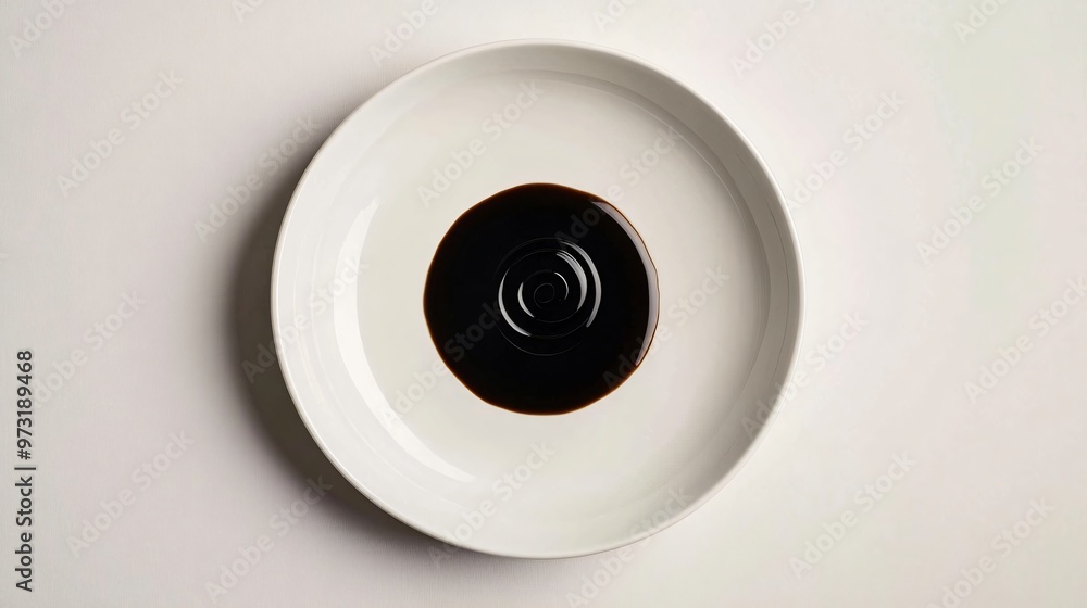 Minimalist white plate with just a swirl of balsamic vinegar in the center, framed by a gradient light grey backdrop