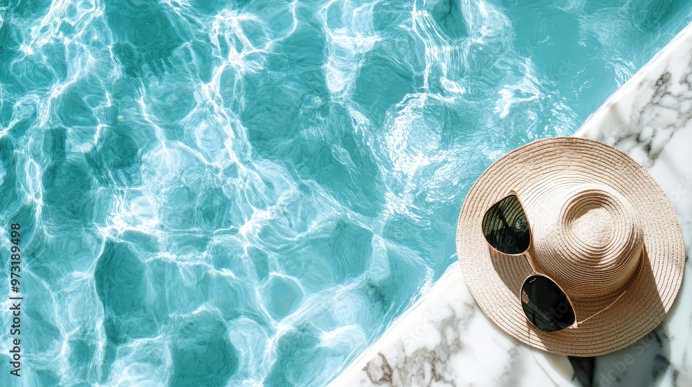 Obraz premium Minimalistic Fashion Scene by Marble Pool. AI generated illustration