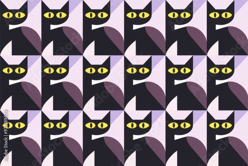 Black cat pattern. Geometric pattern with black cats on a lavender background. Repeating pattern design, simple and minimalist.