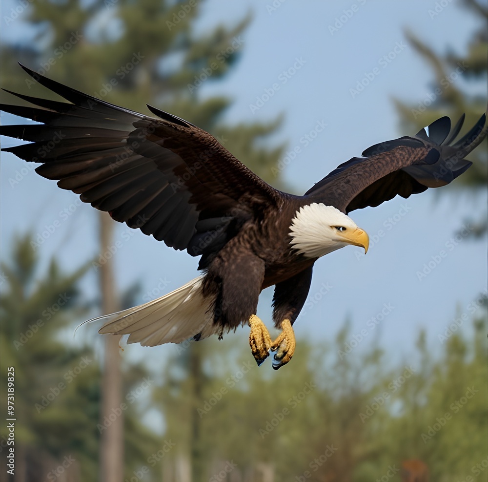 Fototapeta premium Bald eagle in flight searching for food