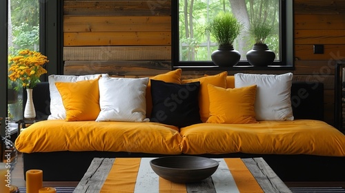 Modern interior with an orange sofa, decorative pillows, and wooden paneling. Plants and lighting create a cozy, natural atmosphere