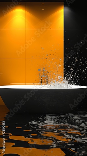 A black bathtub with water splashes against contrasting orange and black walls. Modern bathroom design with striking lighting