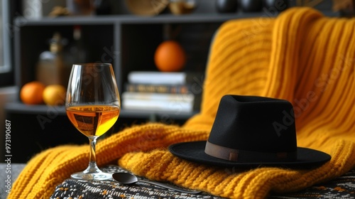 A stylish composition: a glass with a drink, a hat, and a yellow blanket in a cozy setting, evoking a feeling of warmth and comfort