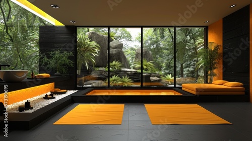 Modern interior with panoramic windows, orange accents, and a view of nature. A relaxation space with minimalist design and natural elements