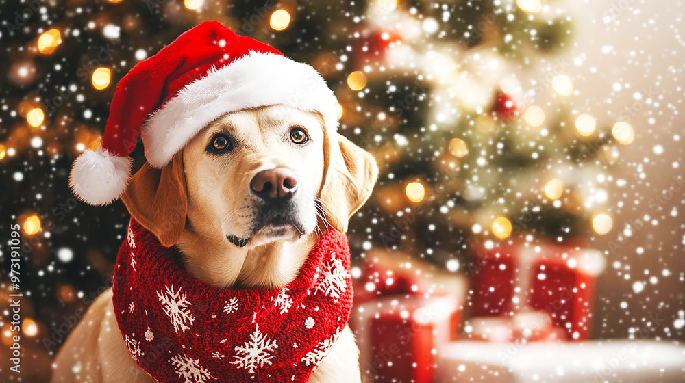 Labrador wearing a Santa hat and red scarf, sitting by a glowing Christmas tree, snowflakes falling softly in the background, Christmas dog costume, festive pet