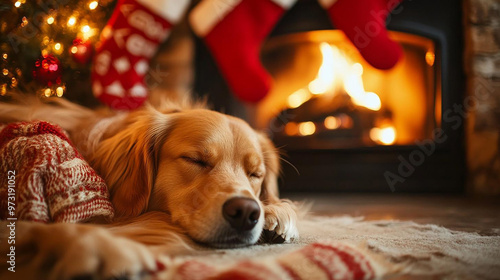 Golden retriever curled up by a fireplace, Christmas stockings above and glowing lights, radiating warmth and holiday cheer, Christmas dog warmth, cozy holiday scene