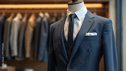 mannequin, retail, suit, photography, store, elegance, horizontal, fashionable, no people, shopping, color image, formal, indoors, lifestyles, luxury, males, merchandise, necktie, order, rack, sale, s photo