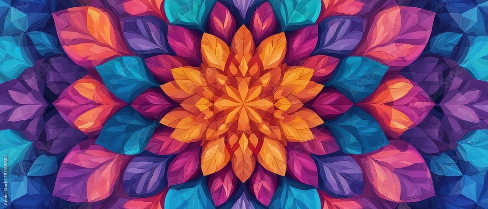 custom made wallpaper toronto digitalColorful floral mandala design with abstract leaves in shades of purple, blue, and orange, creating a vibrant and intricate symmetrical pattern.