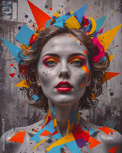 Portrait of a beautiful woman with creative make-up and colorful splashes.