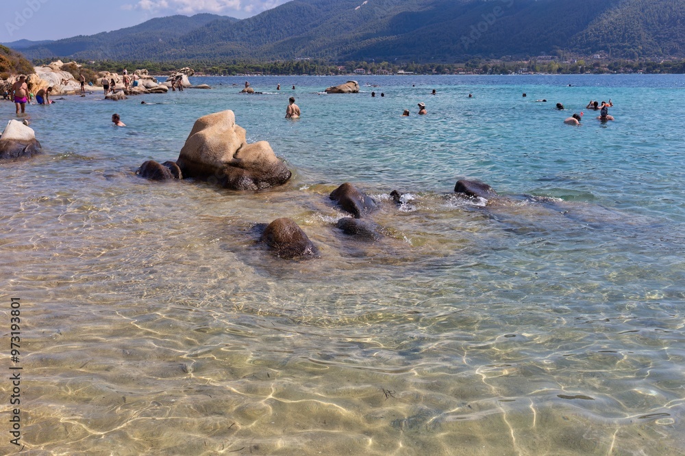 Fototapeta premium crystal sea and rocks in Diaporos Island, Sithonia - Greece