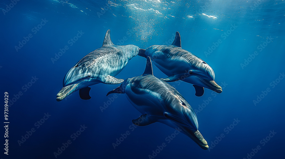Obraz premium Dolphins Swimming in Clear Blue Ocean, Graceful and Playful Interactions, Marine Wildlife in Pristine Natural Environment